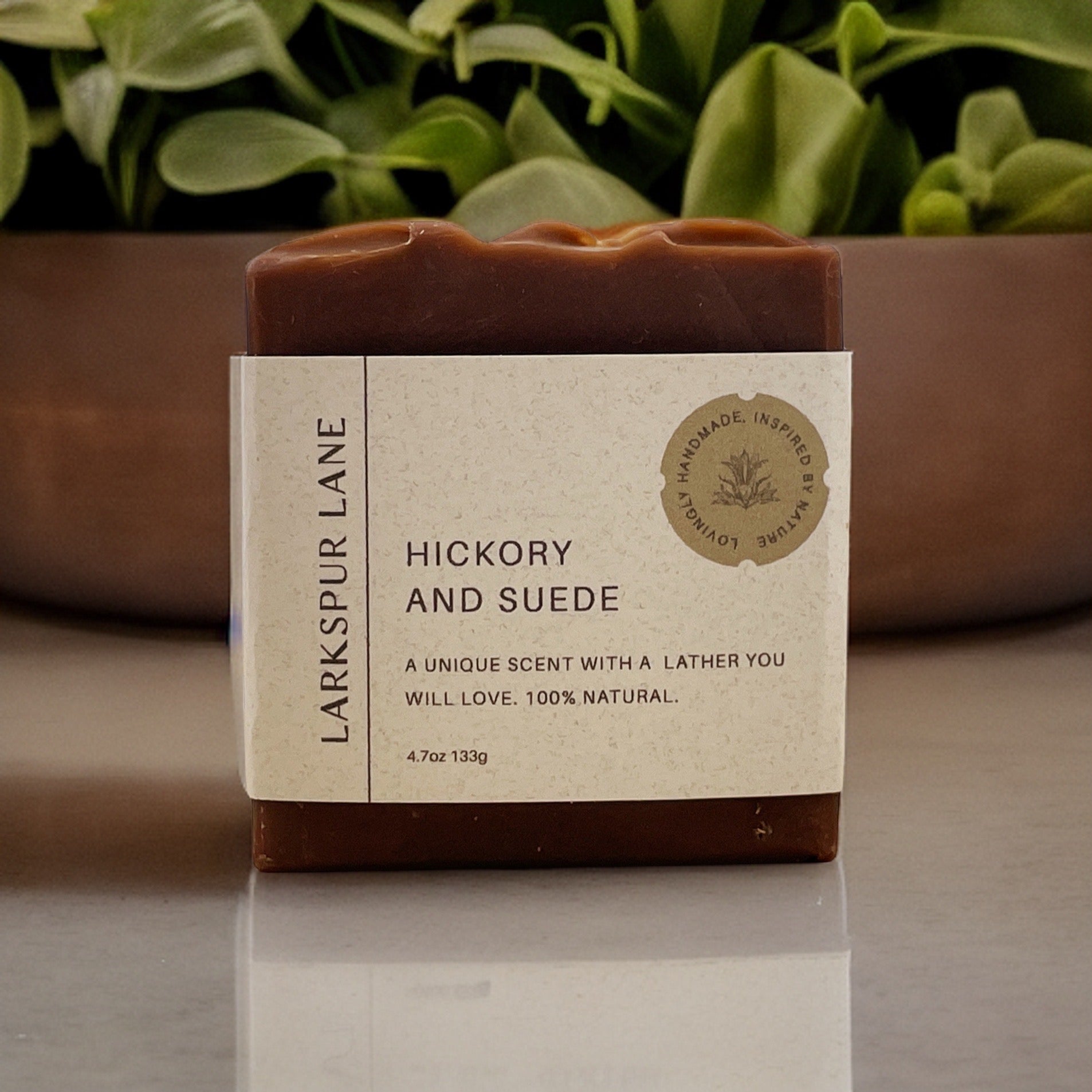 Hickory & Suede Soap sitting on the counter Larkspur Lane