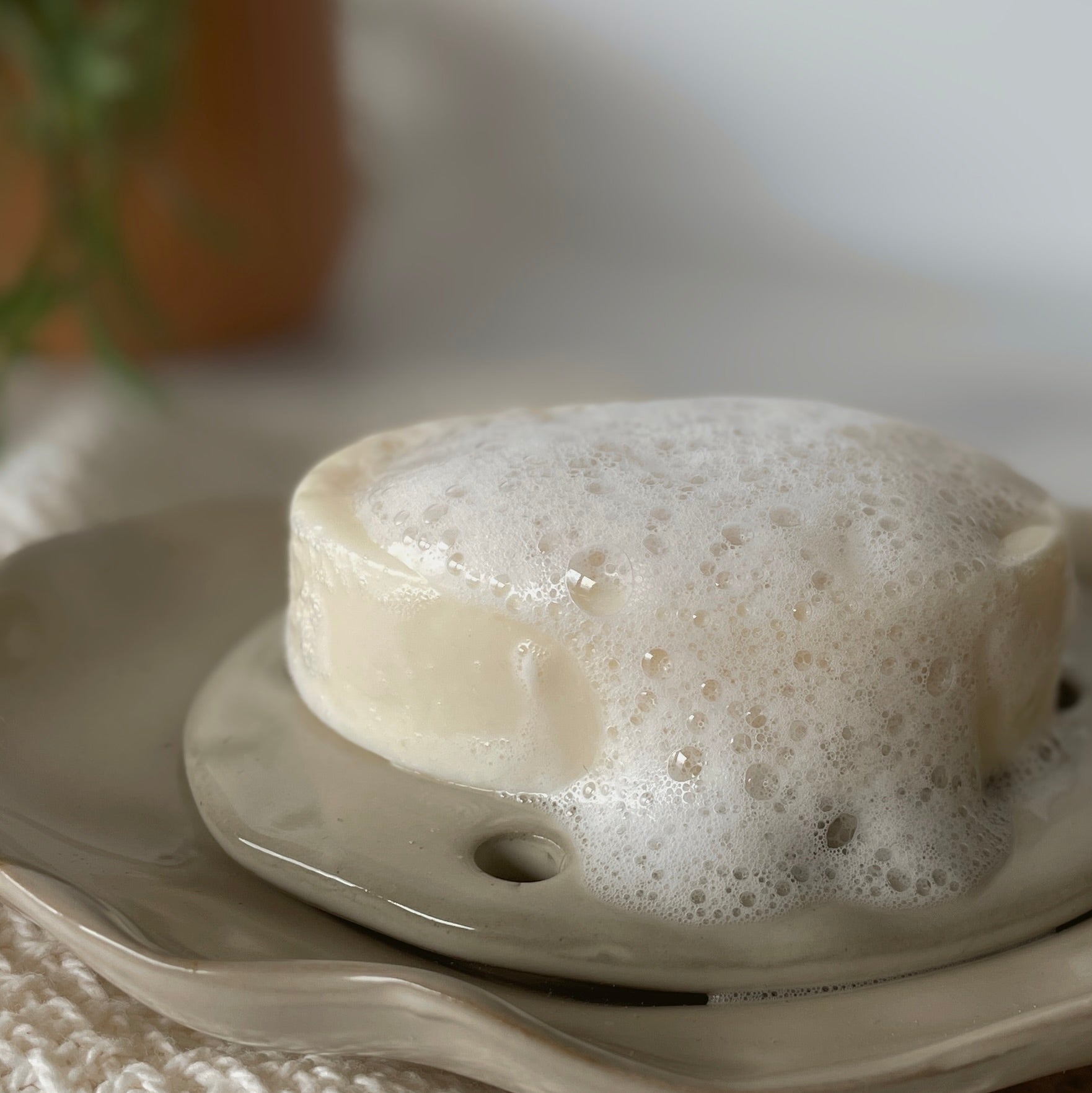 Larkspur Lane handcrafted goat milk soap with creamy lather on ceramic soap dish