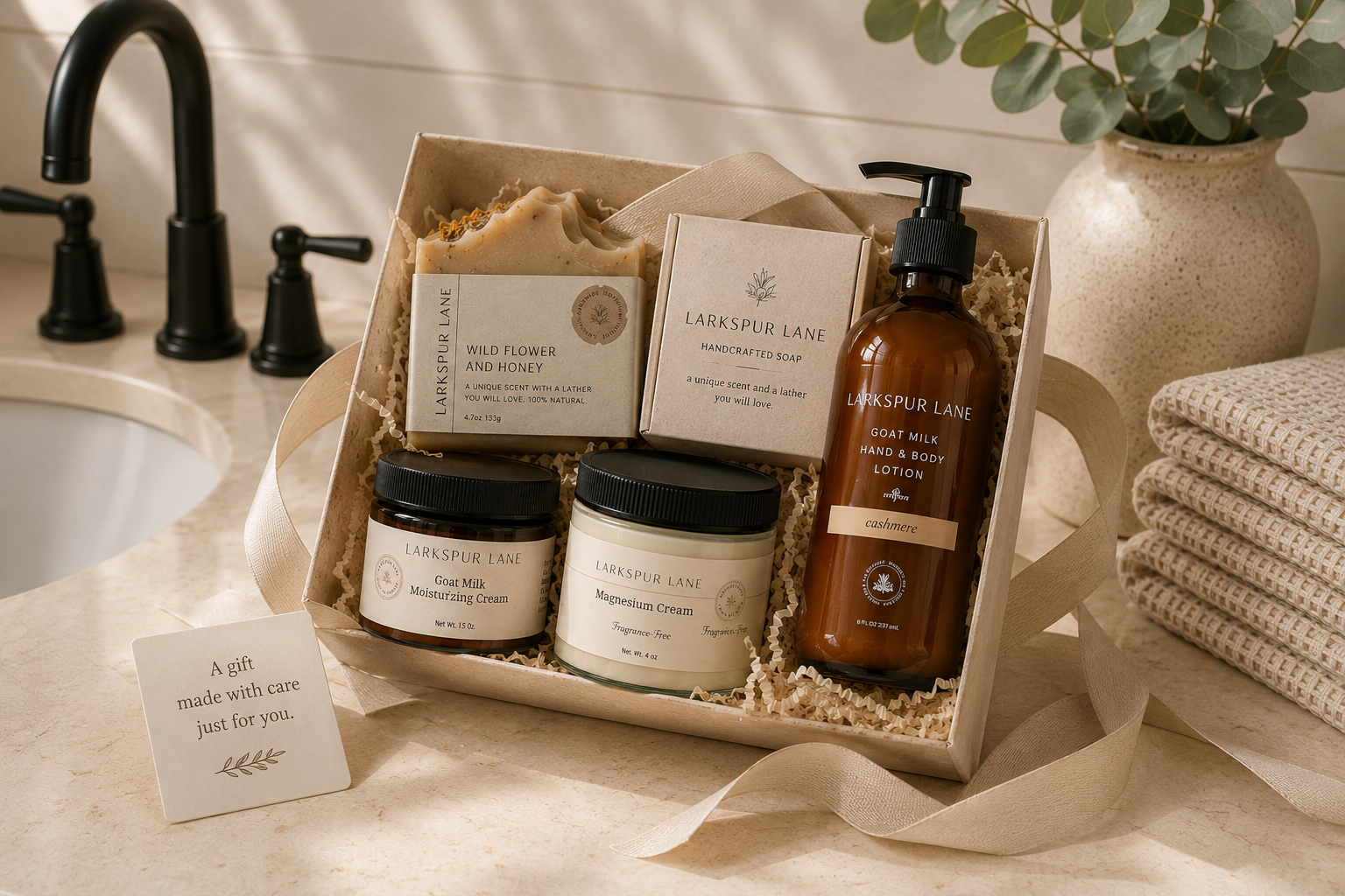 Luxury handcrafted gift box featuring Larkspur Lane handmade soap, goat milk lotion, face cream, and magnesium cream