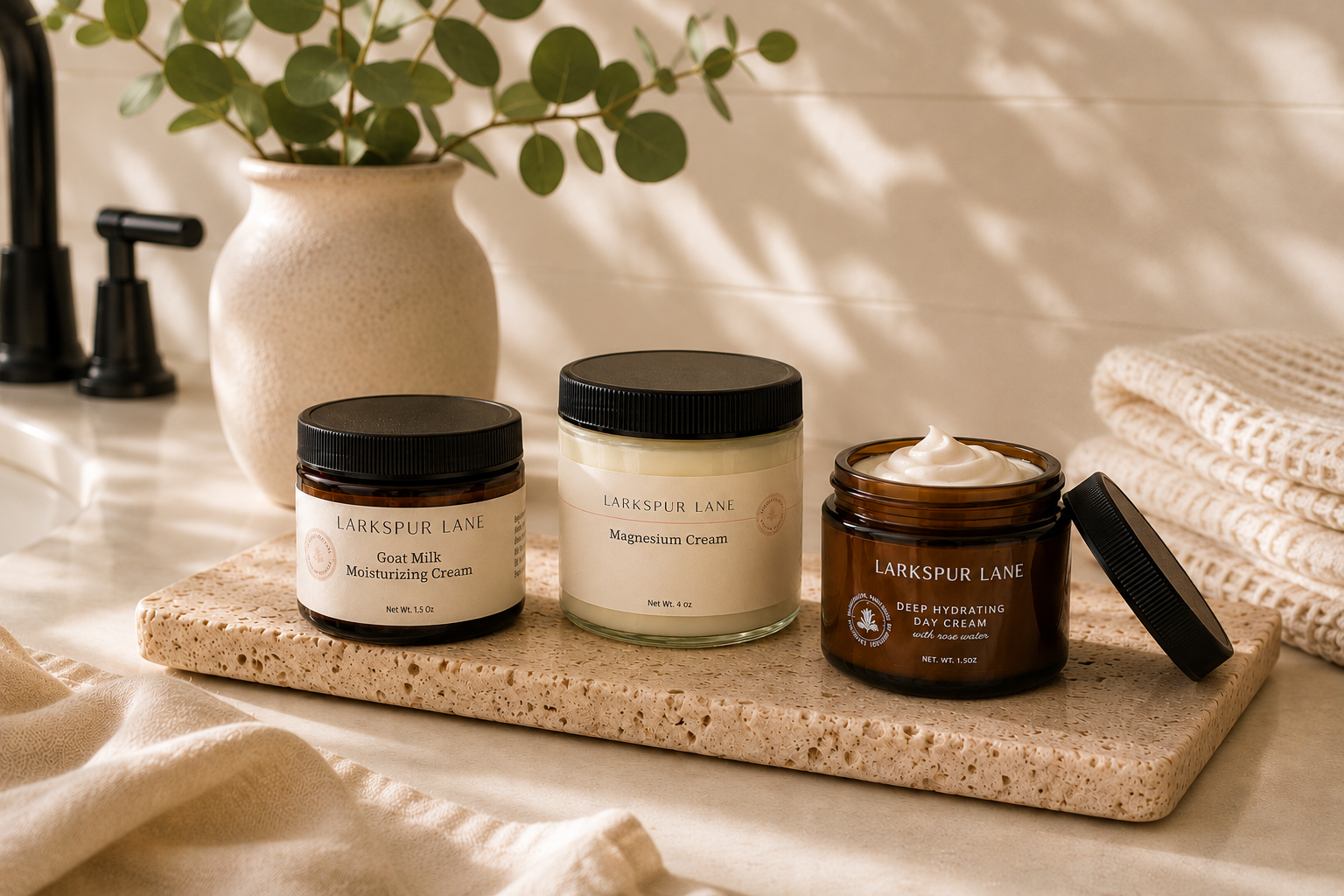 Larkspur Lane handcrafted skincare essentials including Goat Milk Moisturizing Cream, Magnesium Cream, and Deep Hydrating Day Cream in a luxury spa-inspired bathroom with warm natural lighting.