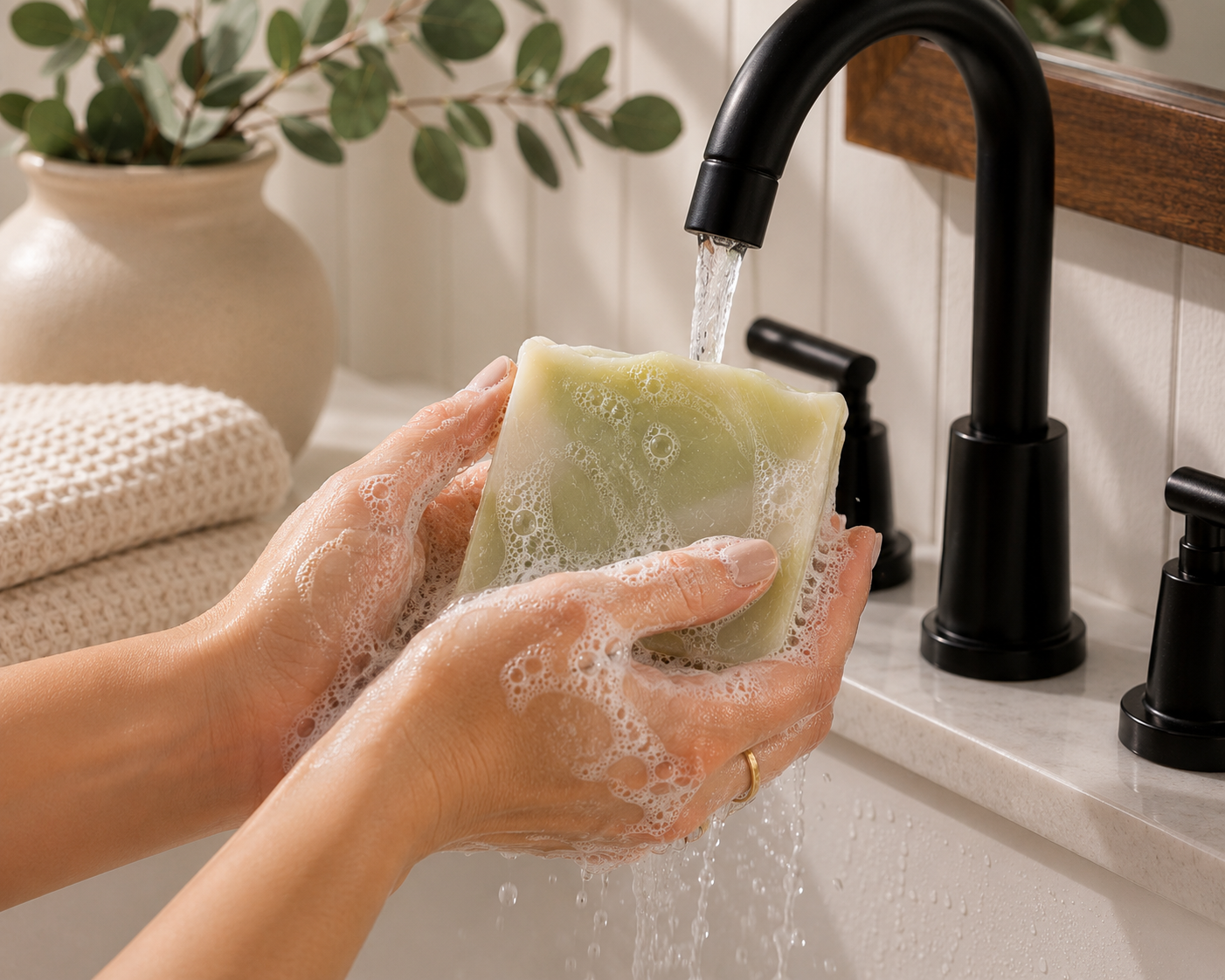 Hands washing with Larkspur Lane Apple Sage handcrafted soap creating a rich, creamy lather under running water.