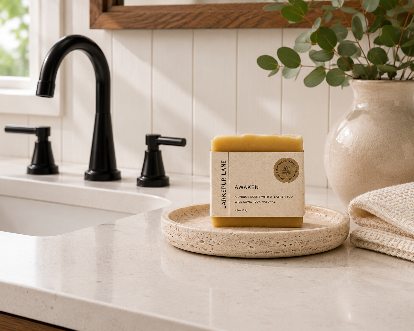 Larkspur Lane Awaken handcrafted soap displayed on a stone soap dish in a bright modern farmhouse bathroom.