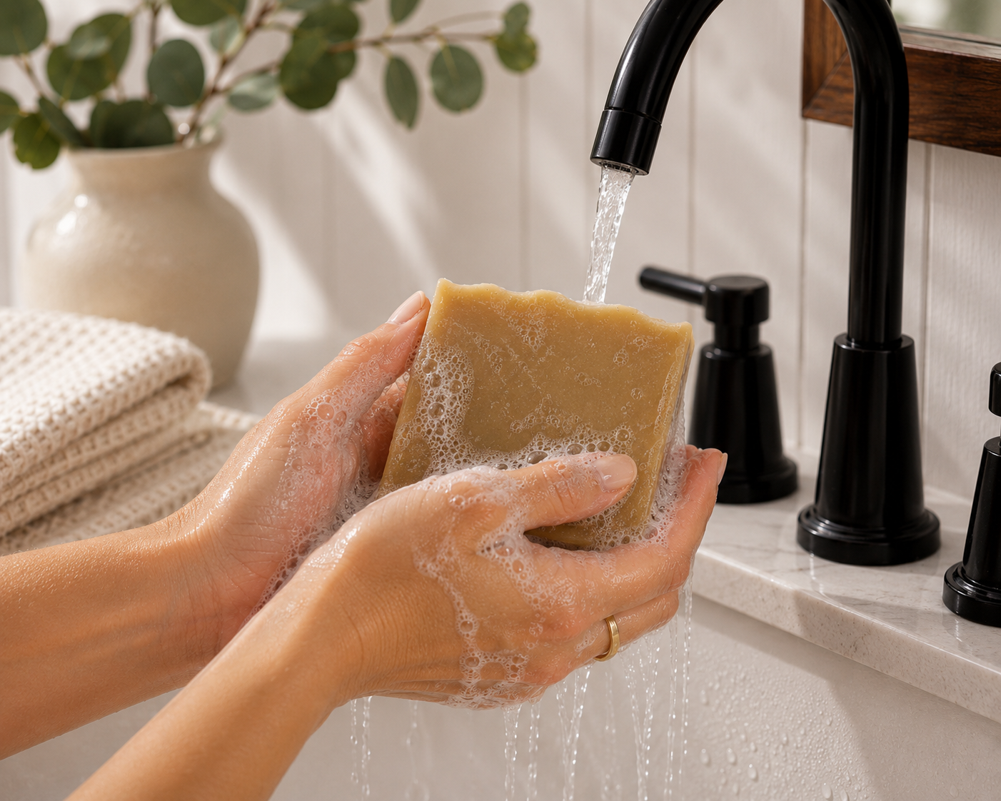 Hands washing with Larkspur Lane Awaken handcrafted soap creating a rich, creamy lather under running water.