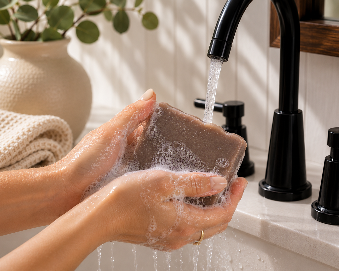 Hands washing with Larkspur Lane Black Raspberry Vanilla handcrafted soap creating a rich, creamy lather under running water.