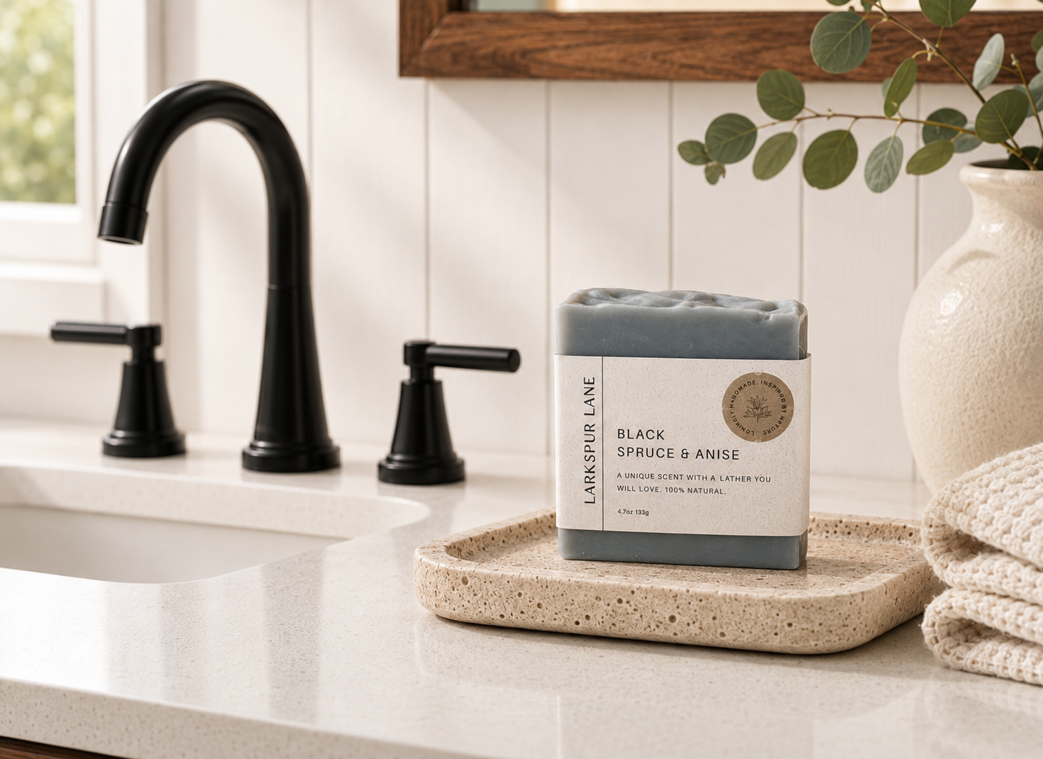 Larkspur Lane Black Spruce & Anise handcrafted soap displayed on a stone soap dish in a bright modern farmhouse bathroom.