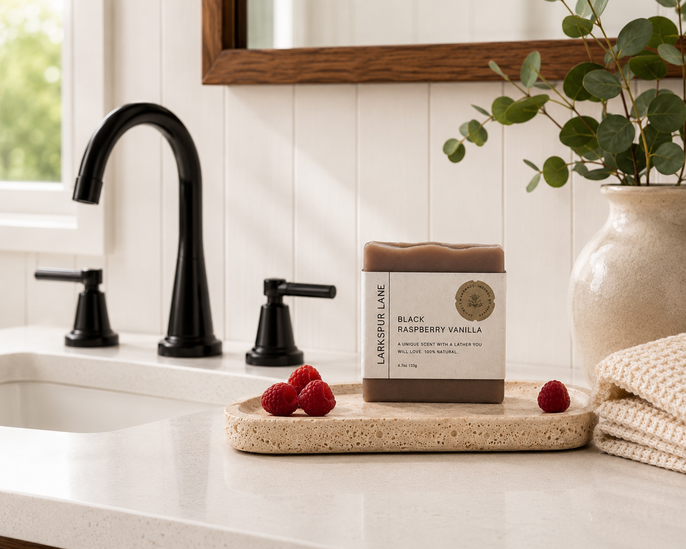 Larkspur Lane Black Raspberry Vanilla handcrafted soap displayed on a stone soap dish in a bright modern farmhouse bathroom.