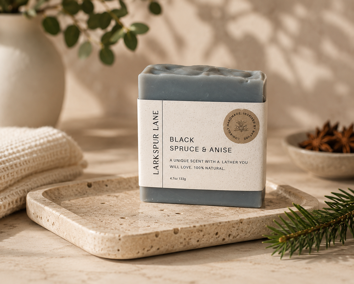 Larkspur Lane Black Spruce & Anise handcrafted soap made in South Carolina.