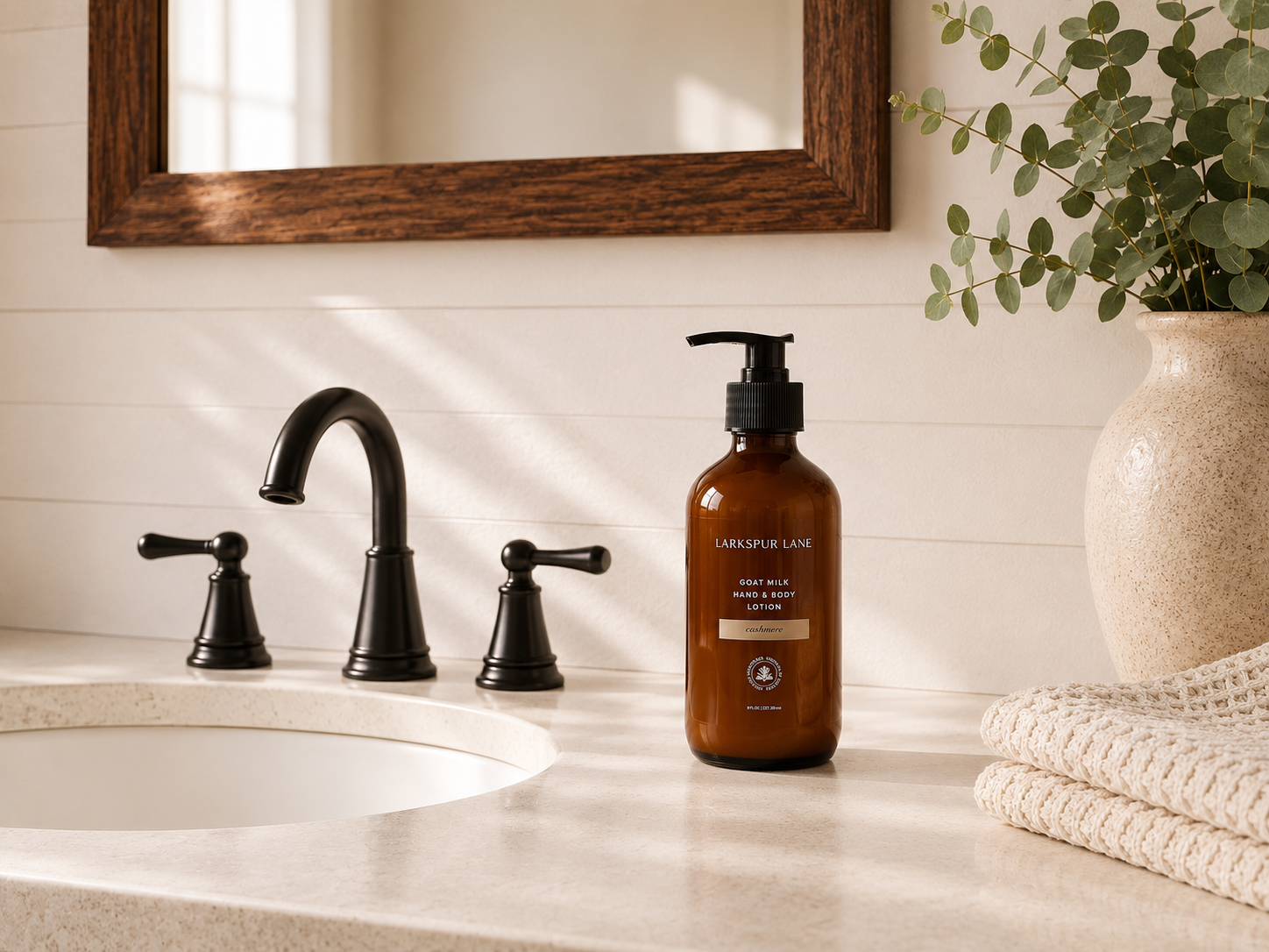 Cashmere Goat Milk Hand & Body Lotion by Larkspur Lane in an amber glass pump bottle on a bright modern farmhouse bathroom vanity.