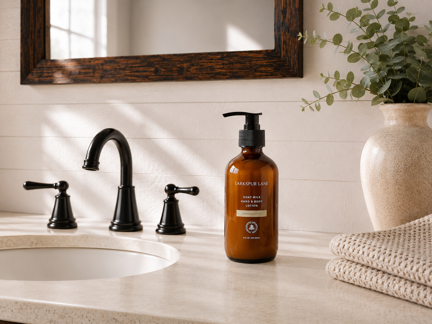 Coconut Citrus Goat Milk Hand & Body Lotion by Larkspur Lane in an amber glass pump bottle on a bright modern farmhouse bathroom vanity.