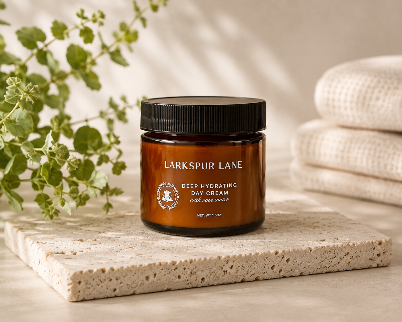 Larkspur Lane Deep Hydrating Day Cream with Rose Water in amber glass jar