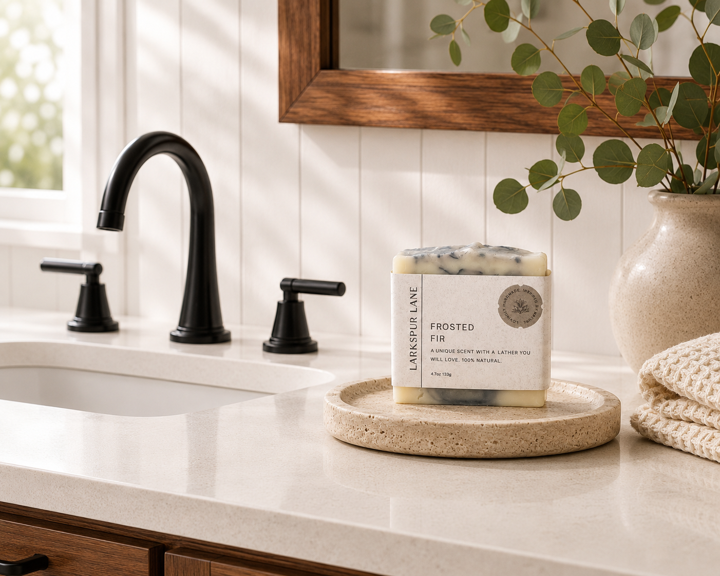 Larkspur Lane Frosted Fir handcrafted soap displayed on a stone soap dish in a bright modern farmhouse bathroom.
