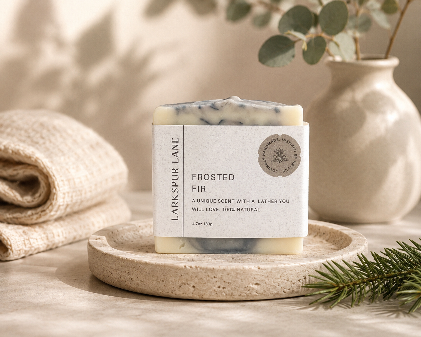 Larkspur Lane Frosted Fir handcrafted soap made in South Carolina.