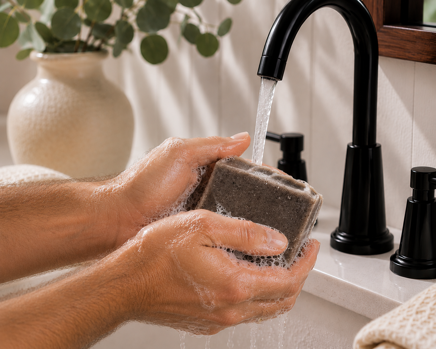 Hands washing with Larkspur Lane Galactic Skies handcrafted soap creating a rich, creamy lather under running water.