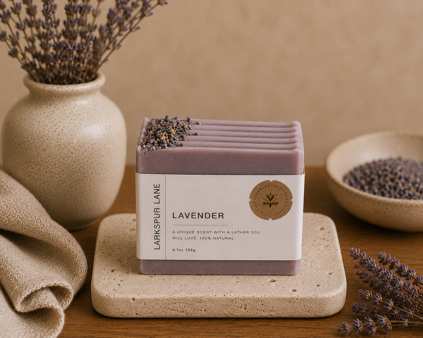 Lavender soap bar with packaging on a stone surface, surrounded by lavender flowers and a bowl of lavender buds.