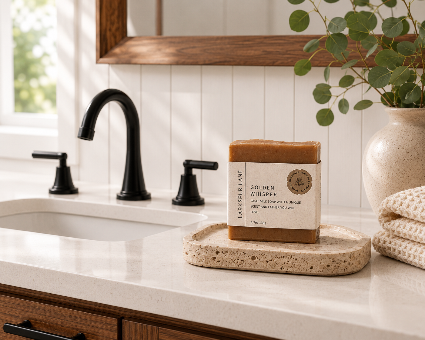 Larkspur Lane Golden Whisper handcrafted soap displayed on a stone soap dish in a bright modern farmhouse bathroom.