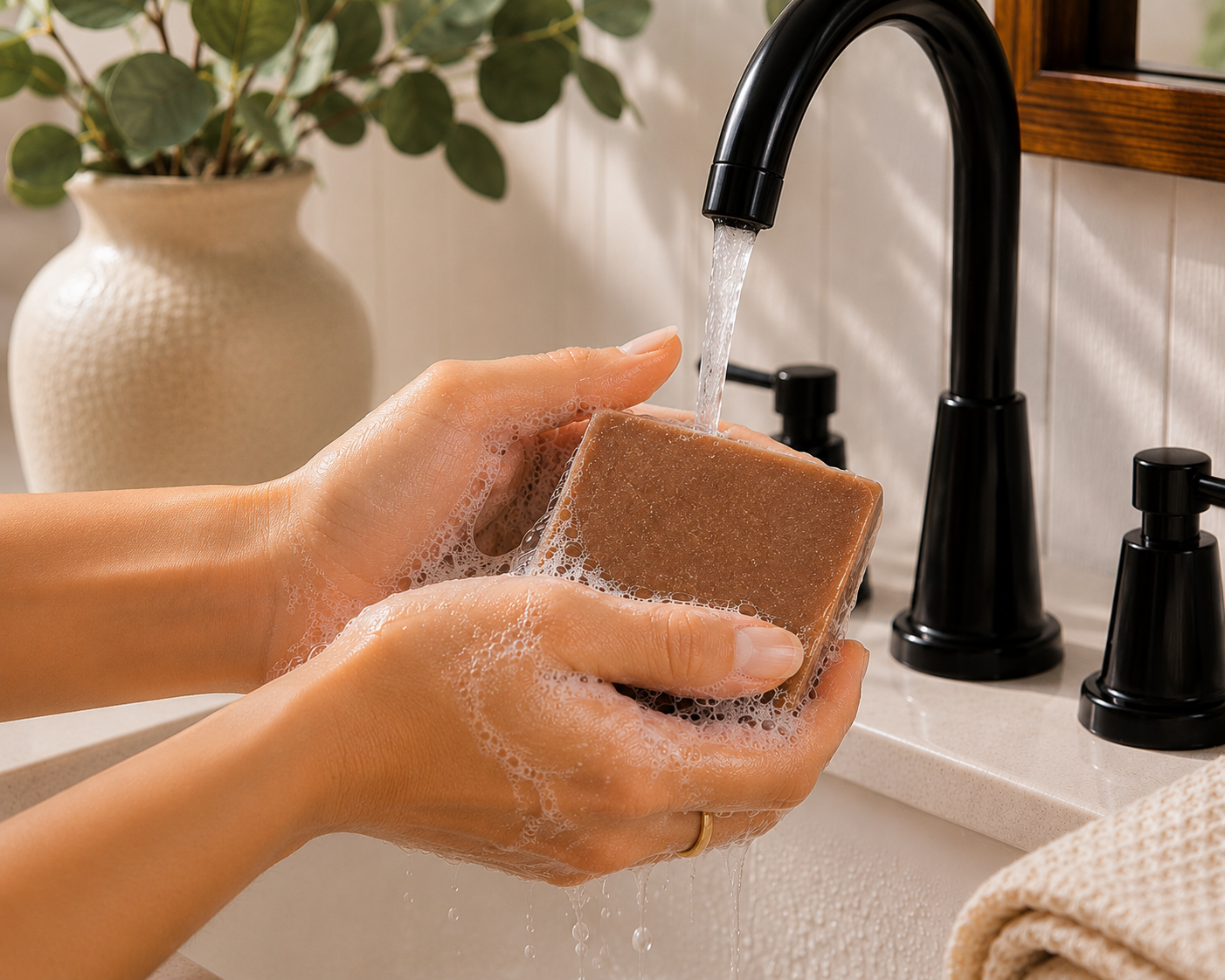 Hands washing with Larkspur Lane Golden Whisper handcrafted soap creating a rich, creamy lather under running water.