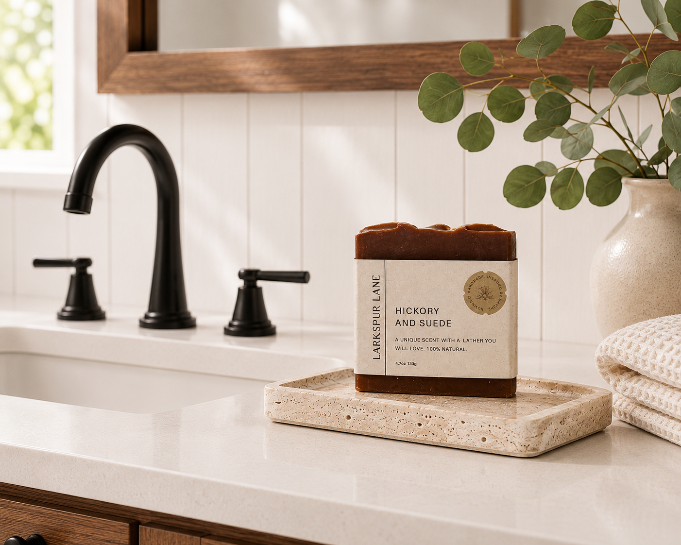 Larkspur Lane Hickory & Suede handcrafted soap displayed on a stone soap dish in a bright modern farmhouse bathroom.