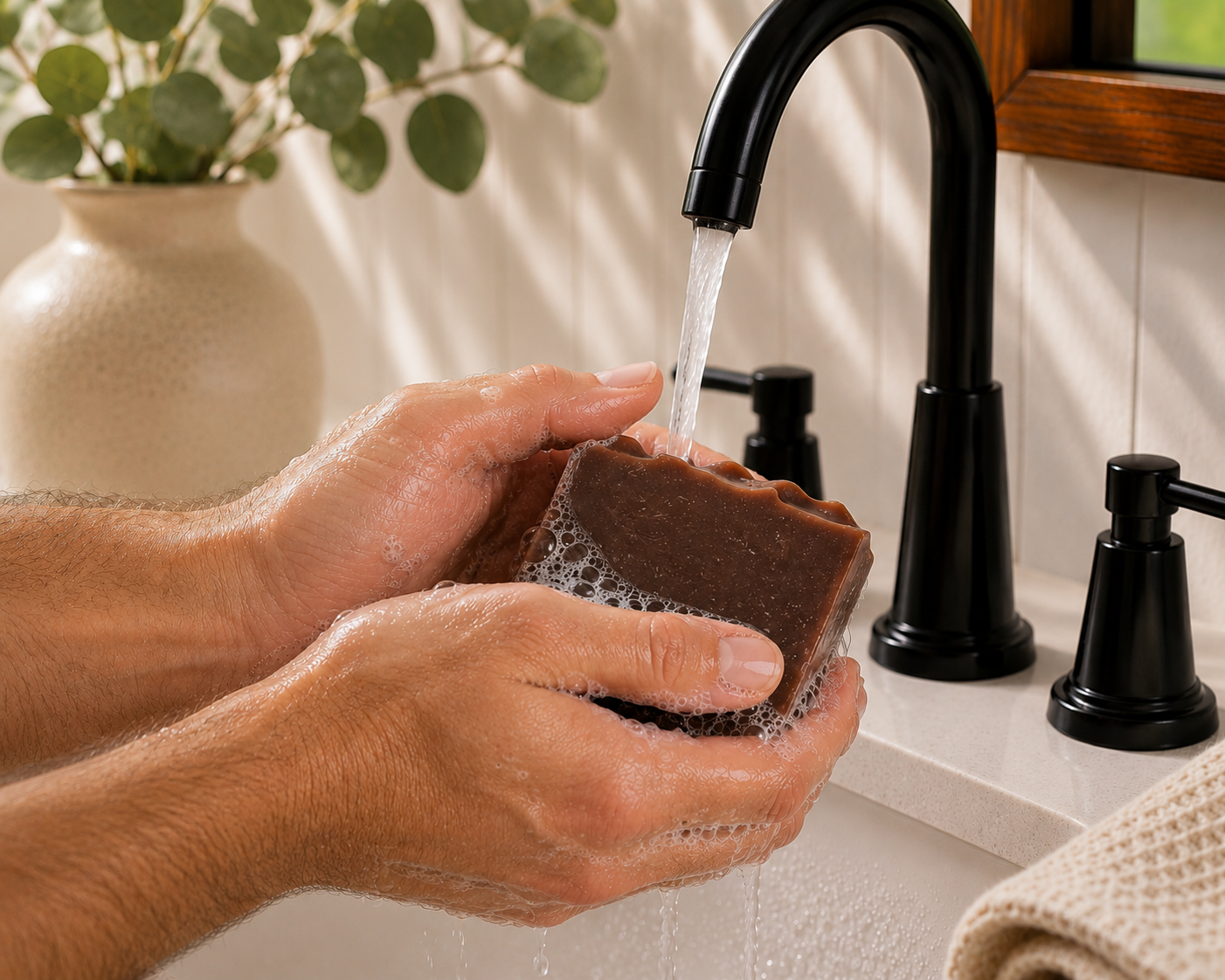 Hands washing with Larkspur Lane Hickory & Suede handcrafted soap creating a rich, creamy lather under running water.