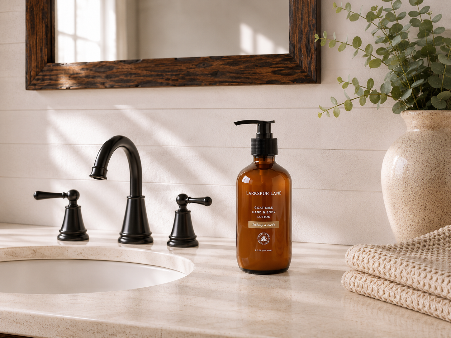 Hickory & Suede Goat Milk Hand & Body Lotion by Larkspur Lane in an amber glass pump bottle on a bright modern farmhouse bathroom vanity.