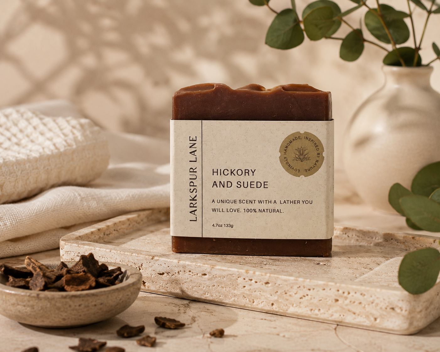 Larkspur Lane Hickory & Suede handcrafted soap made in South Carolina.