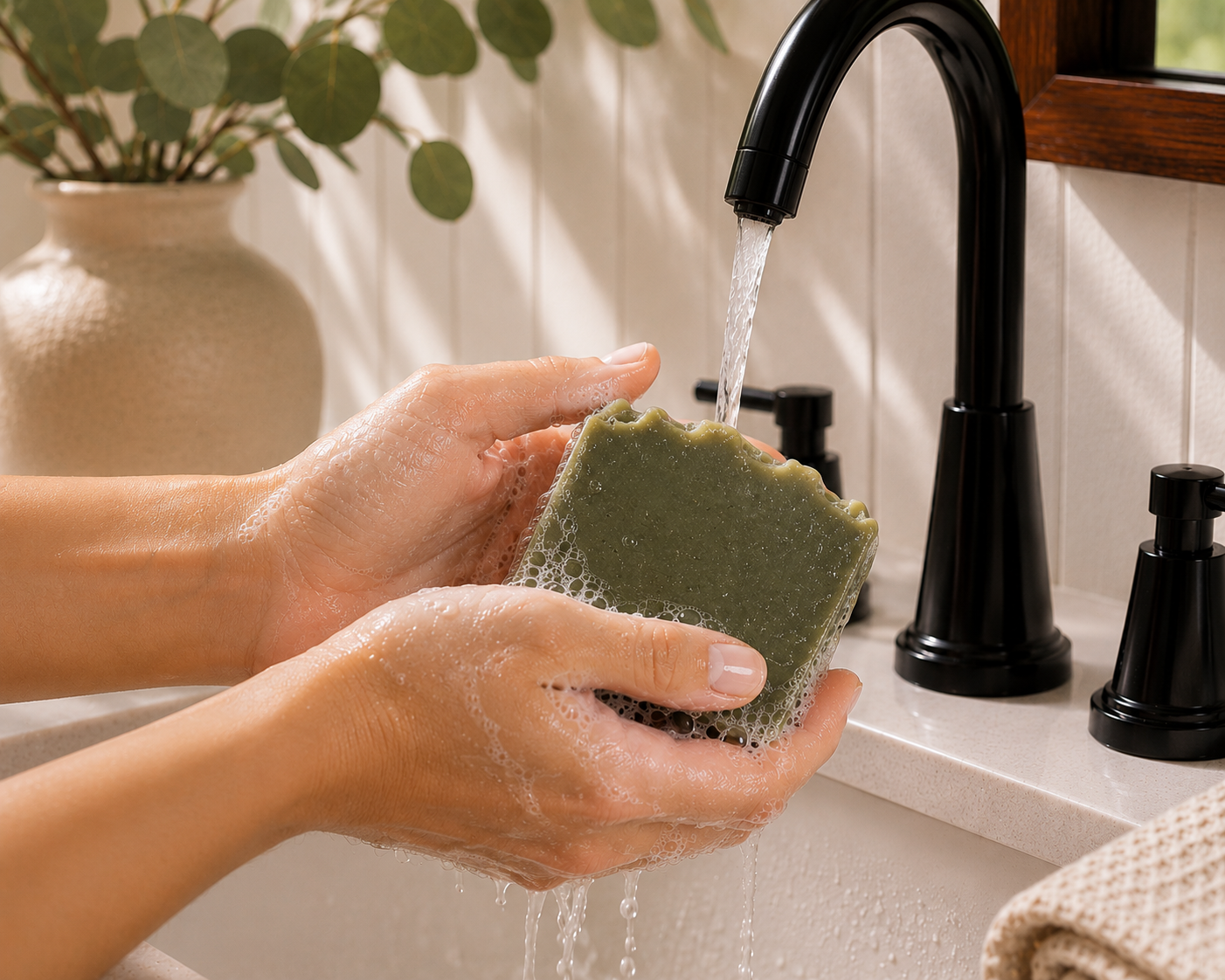 Hands washing with Larkspur Lane Island Escape handcrafted soap creating a rich, creamy lather under running water.