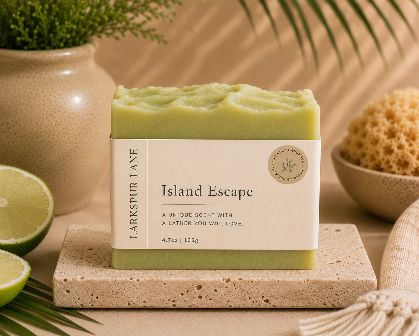 Bar of soap labeled 'Island Escape' by Larkspur Lane on a stone surface with limes and a plant in the background.