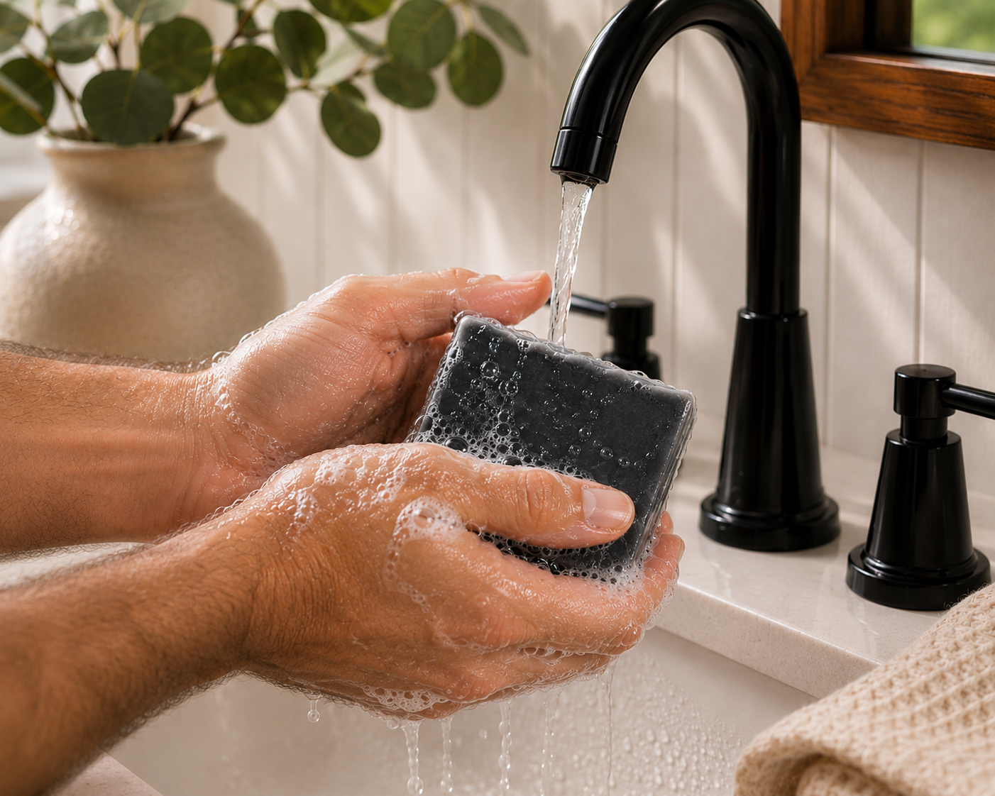 Hands washing with Larkspur Lane Kentucky Bourbon handcrafted soap creating a rich, creamy lather under running water.
