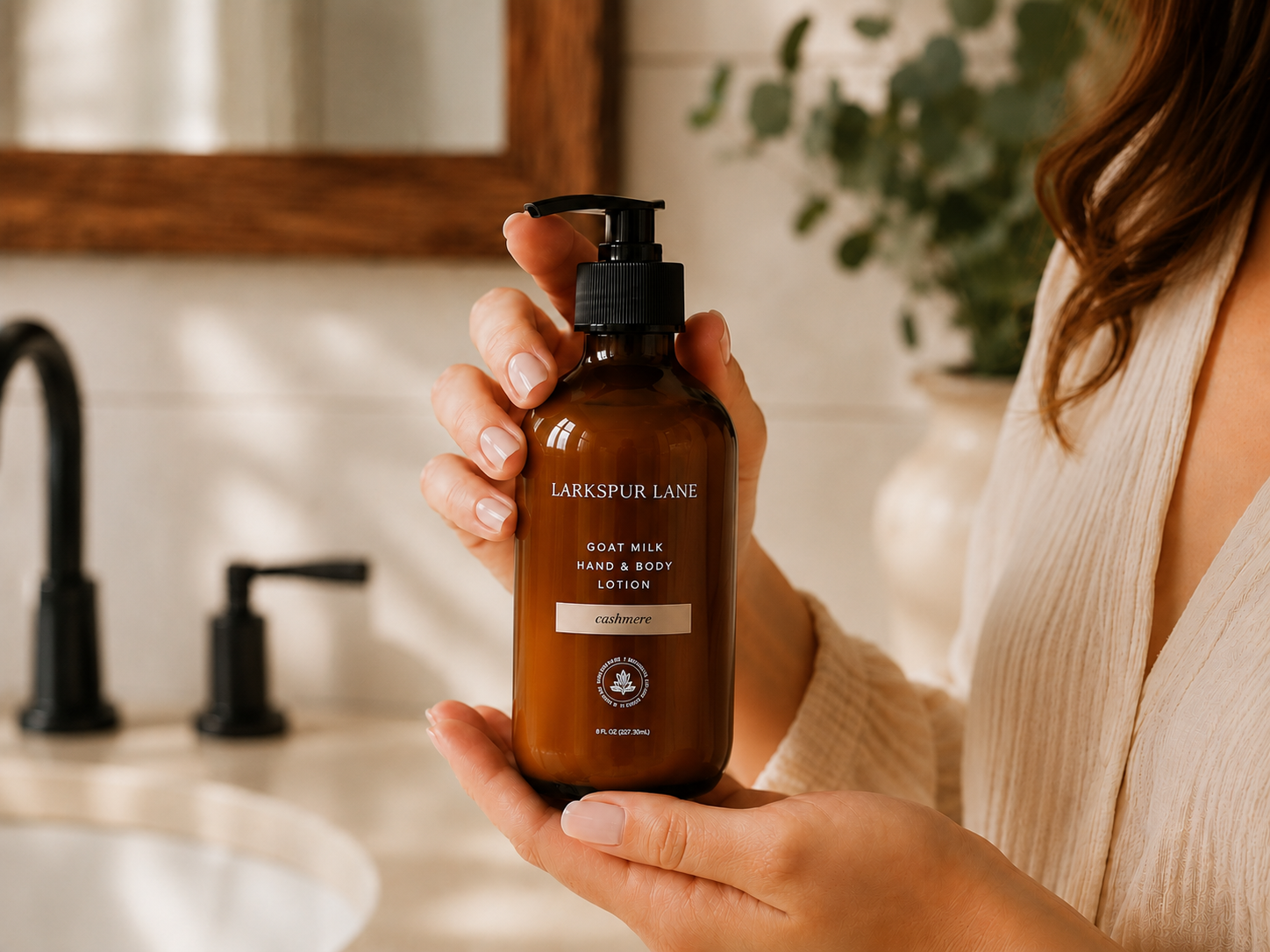 Woman holding Larkspur Lane Cashmere Goat Milk Hand & Body Lotion in a bright modern farmhouse bathroom during her morning skincare routine.