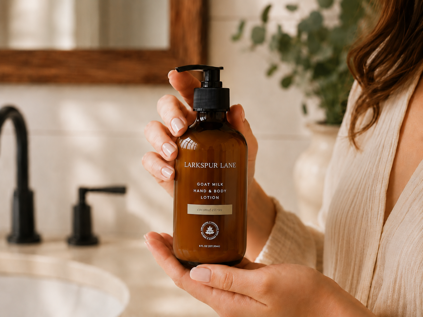 Woman holding Larkspur Lane Coconut Citrus Goat Milk Hand & Body Lotion in a bright modern farmhouse bathroom during her morning skincare routine.