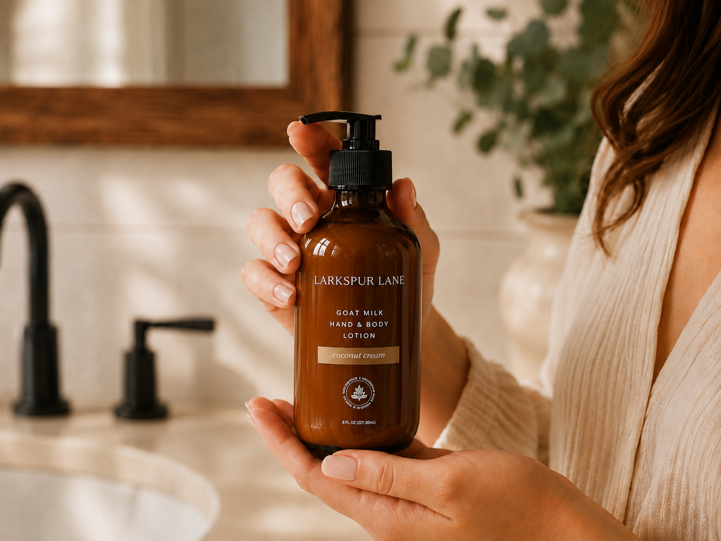 Woman holding Larkspur Lane Coconut Cream Goat Milk Hand & Body Lotion in a bright modern farmhouse bathroom during her morning skincare routine.