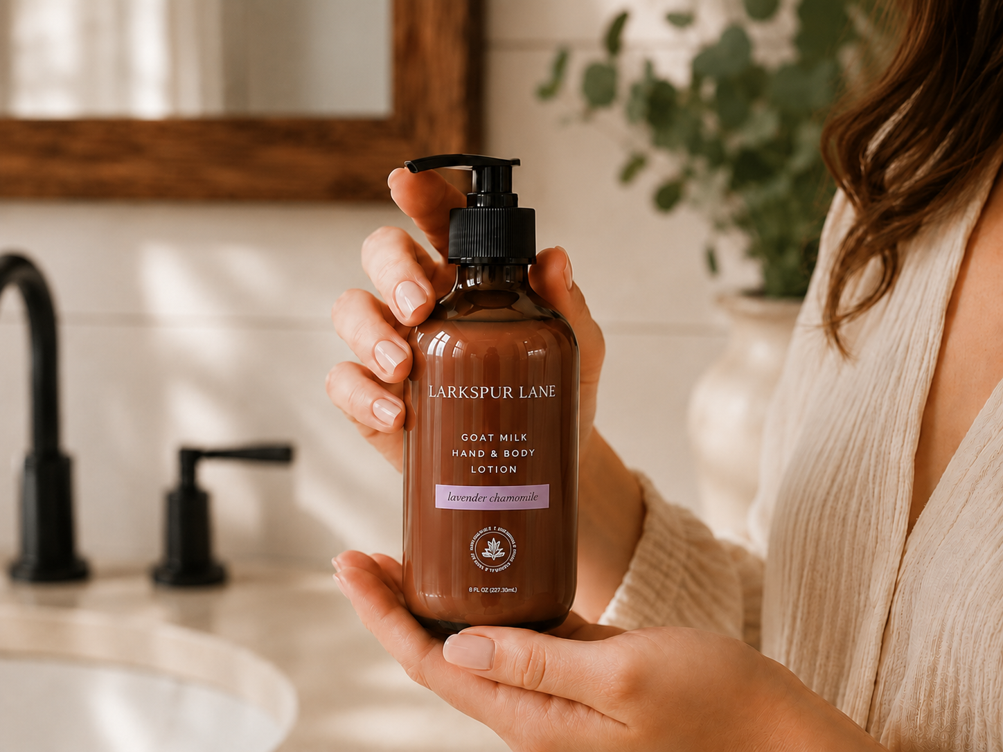 Woman holding Larkspur Lane Lavender Chamomile Goat Milk Hand & Body Lotion in a bright modern farmhouse bathroom during her morning skincare routine.