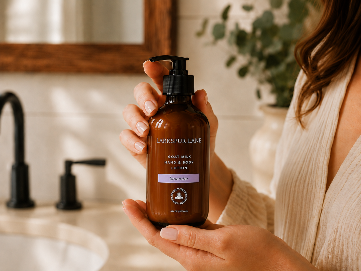 Woman holding Larkspur Lane Lavender Goat Milk Hand & Body Lotion in a bright modern farmhouse bathroom during her morning skincare routine.