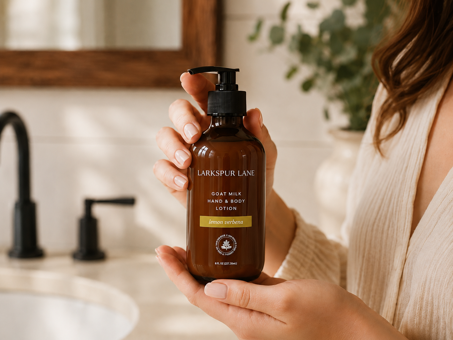 Woman holding Larkspur Lane Lemon Verbena Goat Milk Hand & Body Lotion in a bright modern farmhouse bathroom during her morning skincare routine.