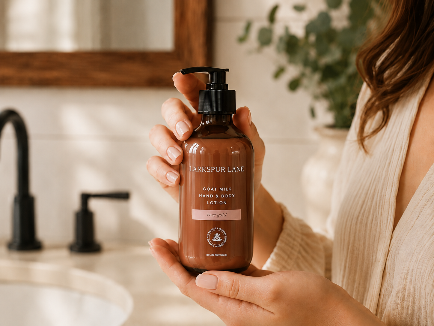 Woman holding Larkspur Lane Rose Gold Goat Milk Hand & Body Lotion in a bright modern farmhouse bathroom during her morning skincare routine.