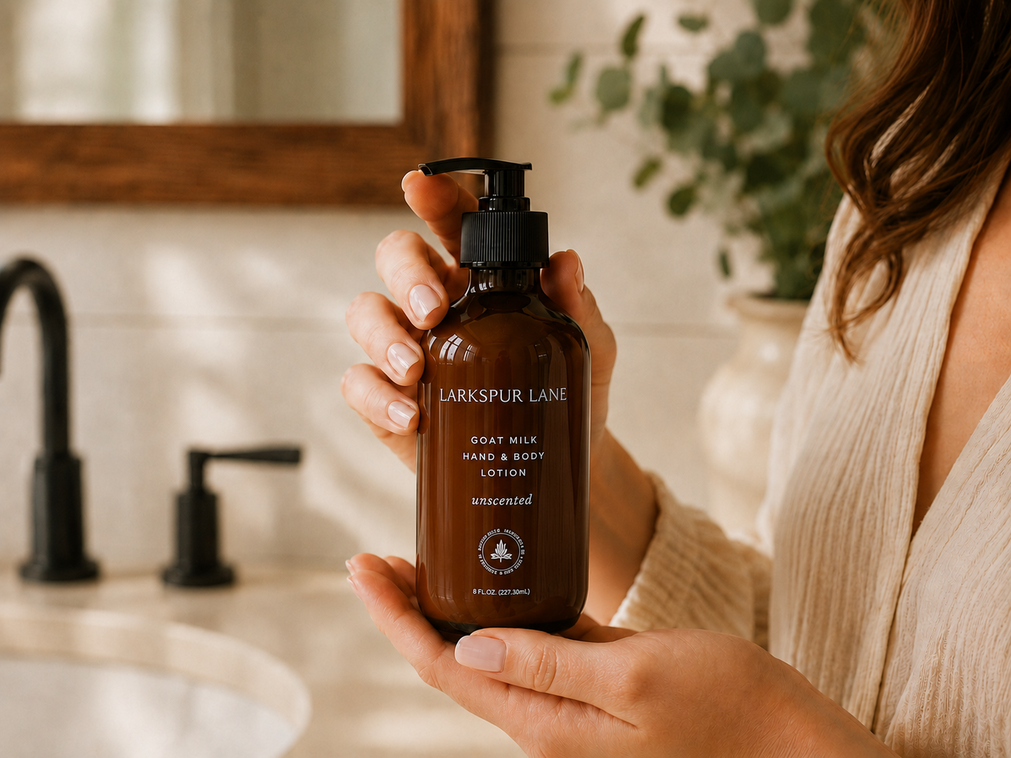 Woman holding Larkspur Lane Unscented Goat Milk Hand & Body Lotion in a bright modern farmhouse bathroom during her morning skincare routine.