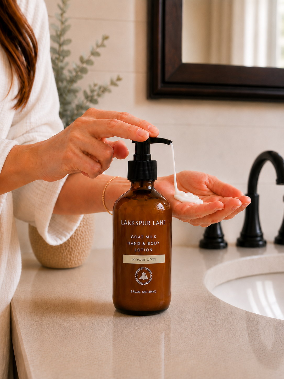 Woman dispensing Coconut Citrus Goat Milk Hand & Body Lotion by Larkspur Lane into her hand in a bright modern farmhouse bathroom.