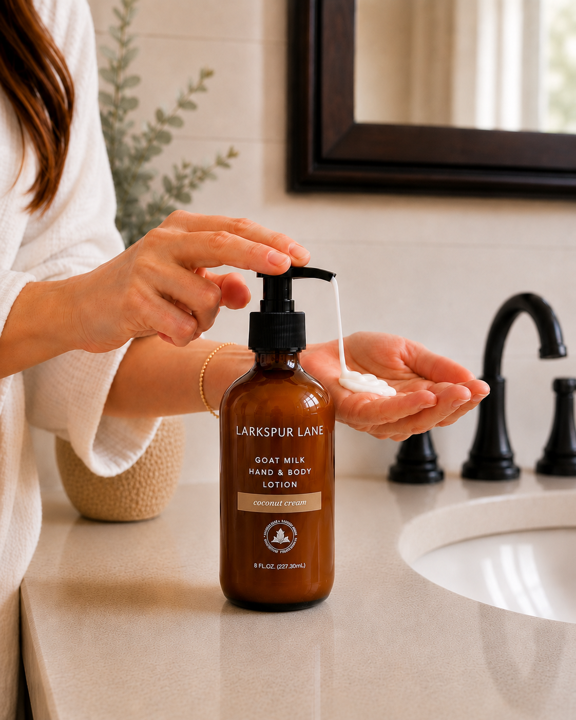 Woman dispensing Coconut Cream Goat Milk Hand & Body Lotion by Larkspur Lane into her hand in a bright modern farmhouse bathroom.