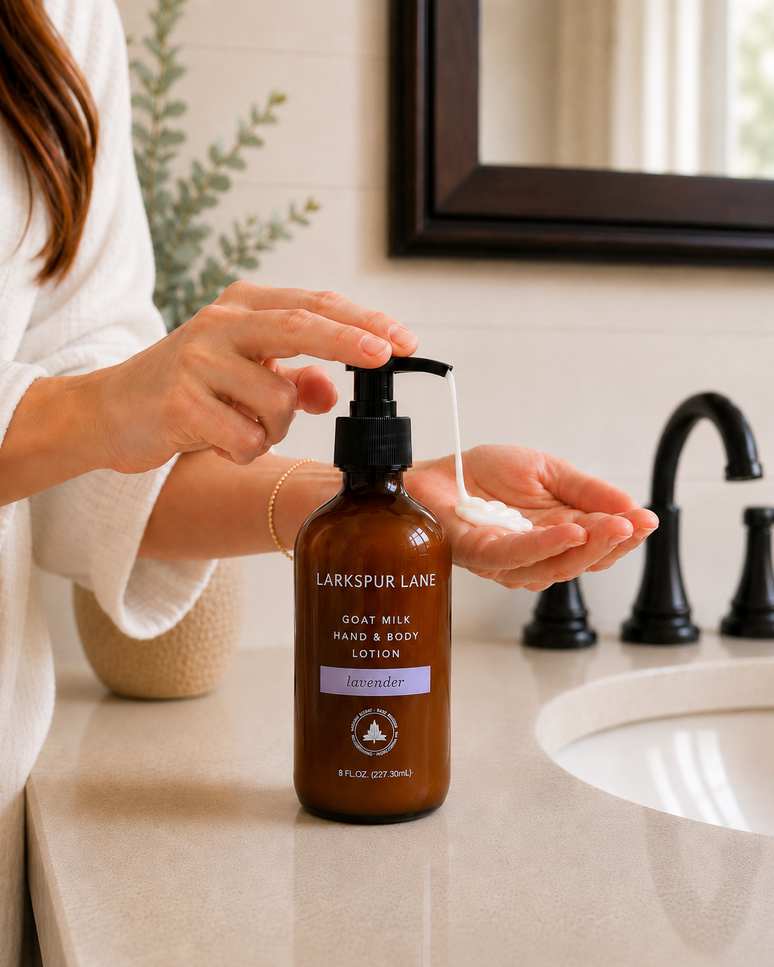 Woman dispensing Lavender Goat Milk Hand & Body Lotion by Larkspur Lane into her hand in a bright modern farmhouse bathroom.