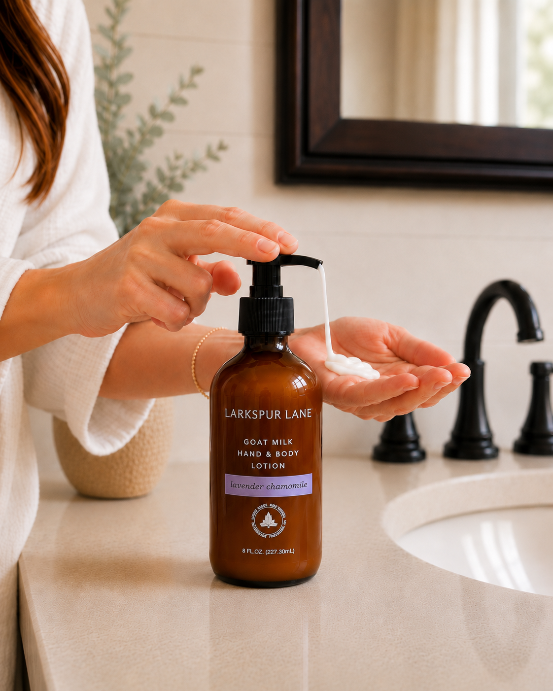 Woman dispensing Lavender Chamomile Goat Milk Hand & Body Lotion by Larkspur Lane into her hand in a bright modern farmhouse bathroom.