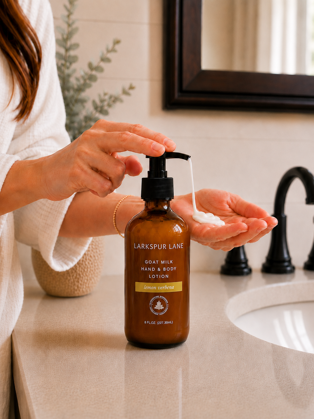 Woman dispensing Lemon Verbena Goat Milk Hand & Body Lotion by Larkspur Lane into her hand in a bright modern farmhouse bathroom.