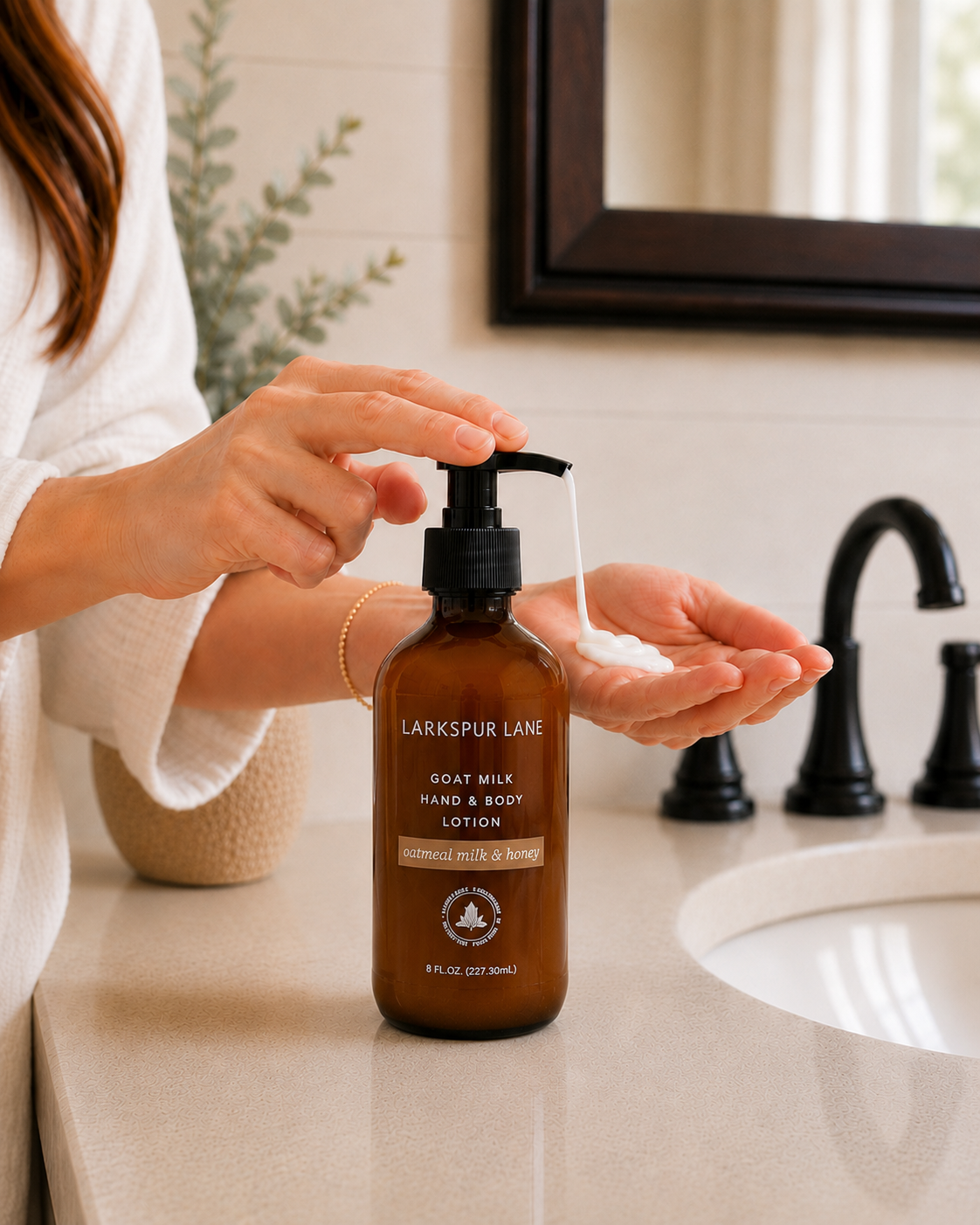 Woman dispensing Oatmeal Milk & Honey Goat Milk Hand & Body Lotion by Larkspur Lane into her hand in a bright modern farmhouse bathroom.