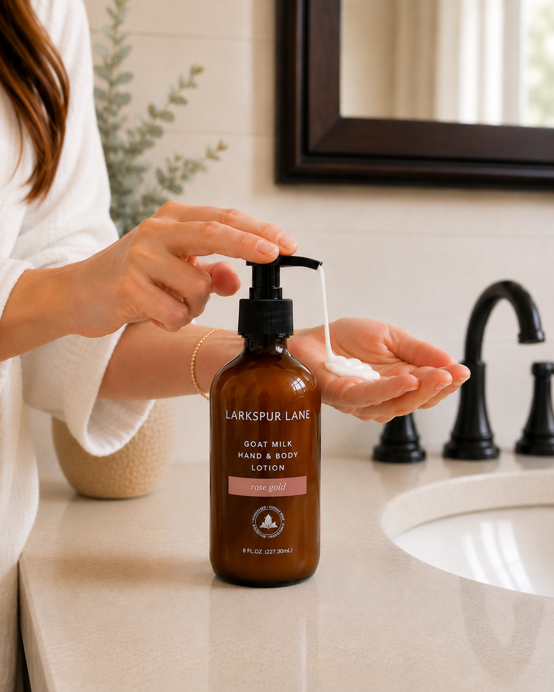 Woman dispensing Rose Gold Goat Milk Hand & Body Lotion by Larkspur Lane into her hand in a bright modern farmhouse bathroom.