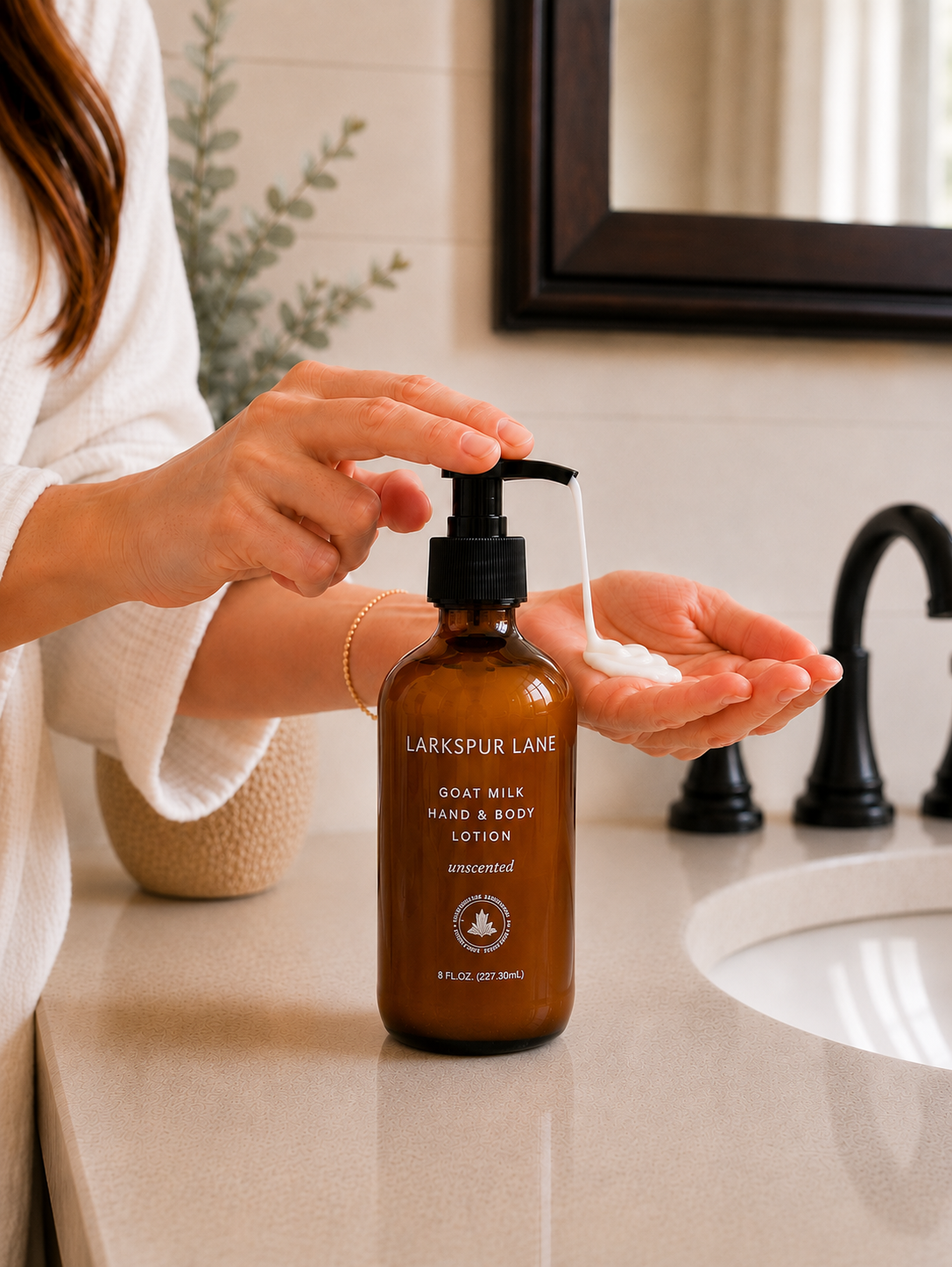 Woman dispensing Unscented Goat Milk Hand & Body Lotion by Larkspur Lane into her hand in a bright modern farmhouse bathroom.