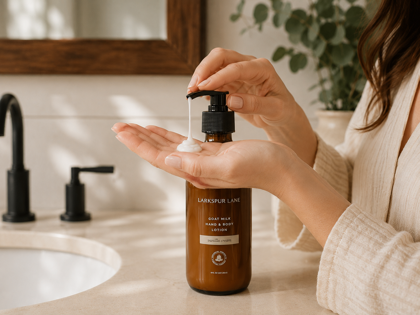 Woman dispensing Vanilla Cream Goat Milk Hand & Body Lotion by Larkspur Lane into her hand in a bright modern farmhouse bathroom.