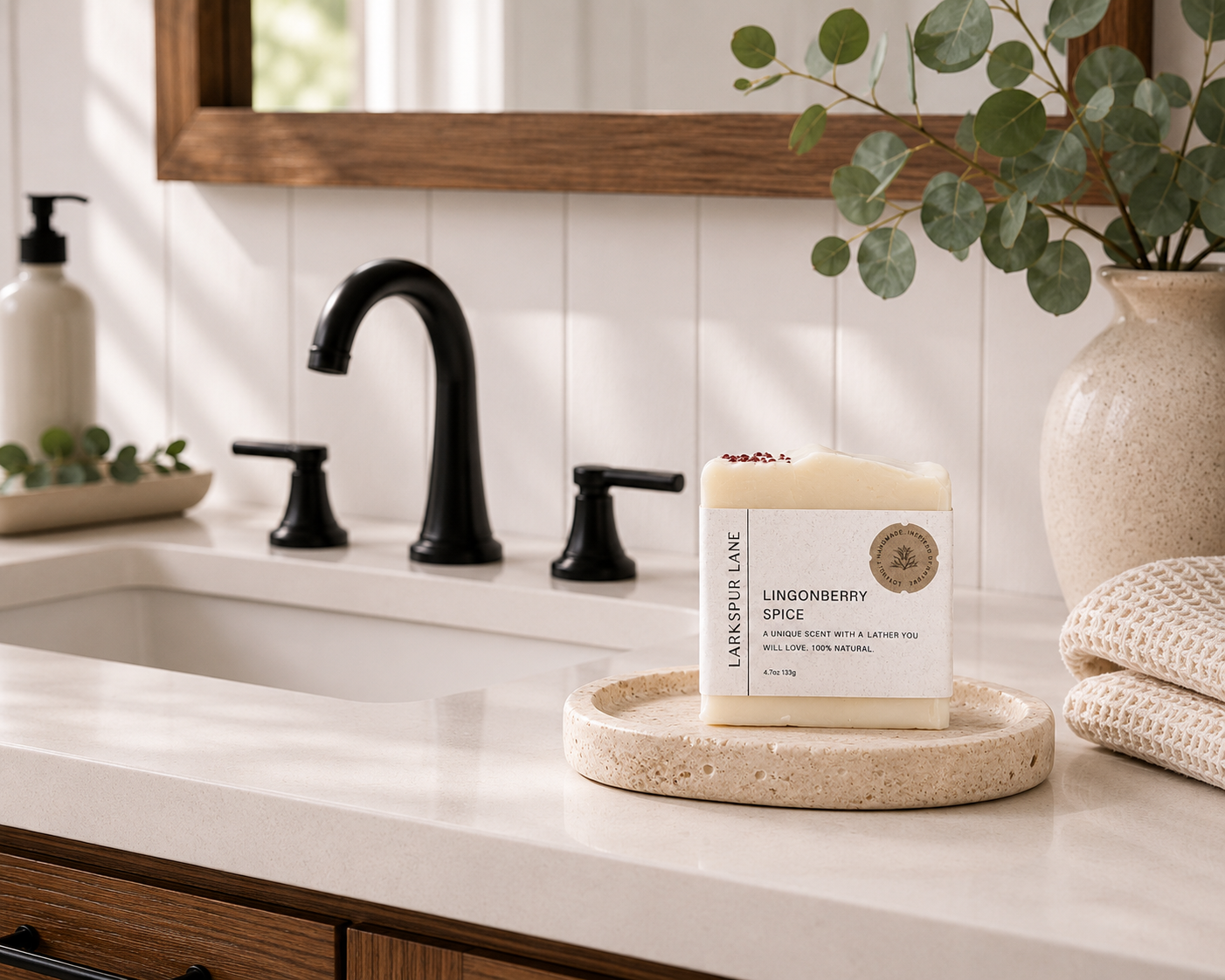 Larkspur Lane Lingonberry Spice handcrafted soap displayed on a stone soap dish in a bright modern farmhouse bathroom.