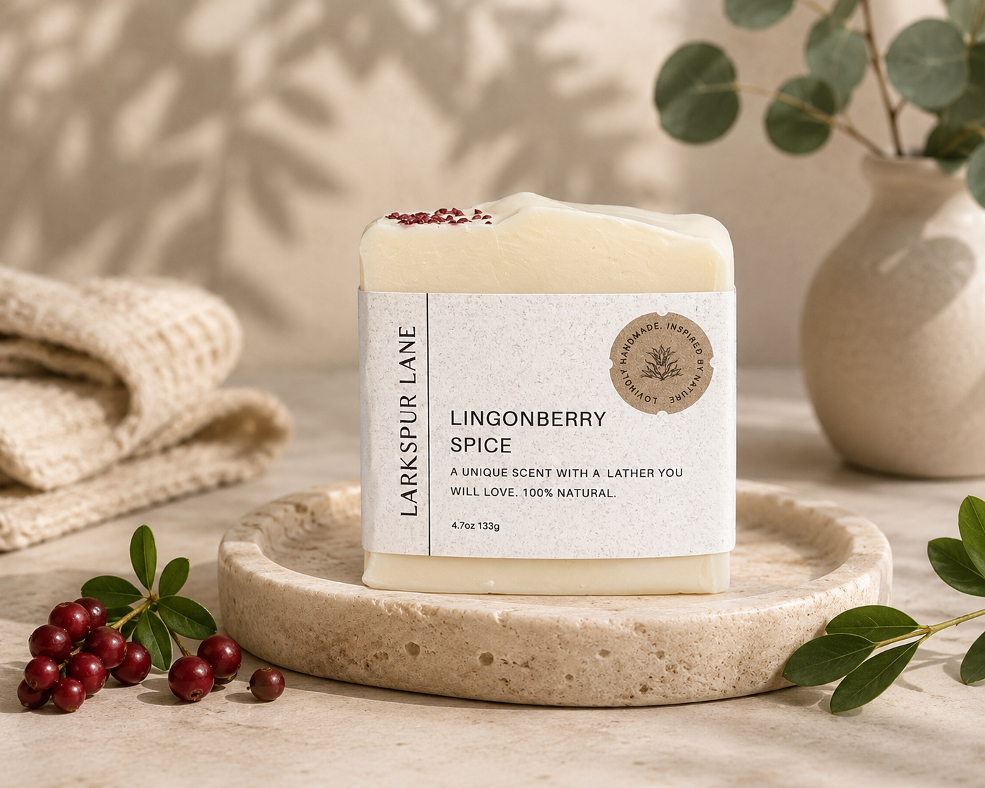 Larkspur Lane Lingonberry Spice handcrafted soap made in South Carolina.