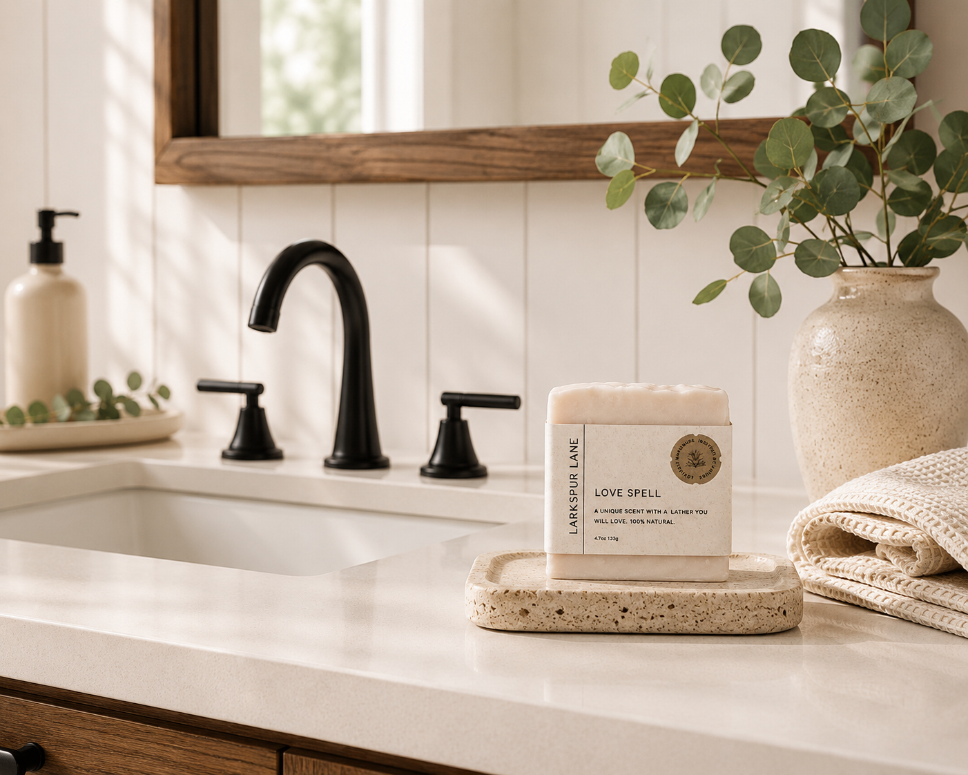 Larkspur Lane Love Spell handcrafted soap displayed on a stone soap dish in a bright modern farmhouse bathroom.