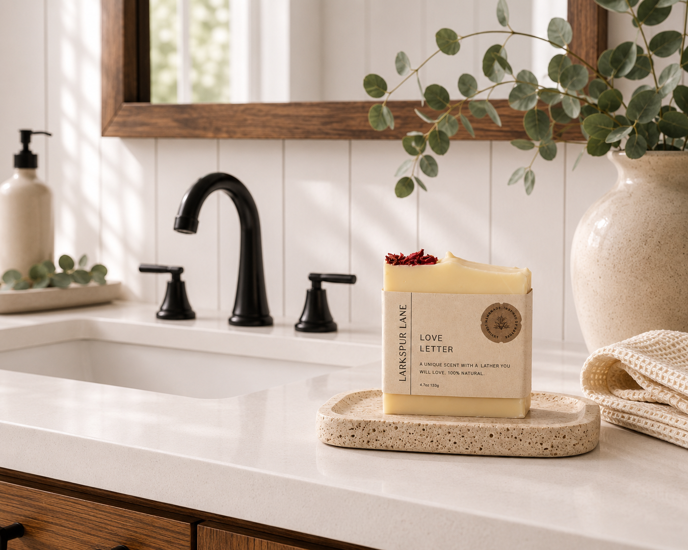 Larkspur Lane Love Letter handcrafted soap displayed on a stone soap dish in a bright modern farmhouse bathroom.