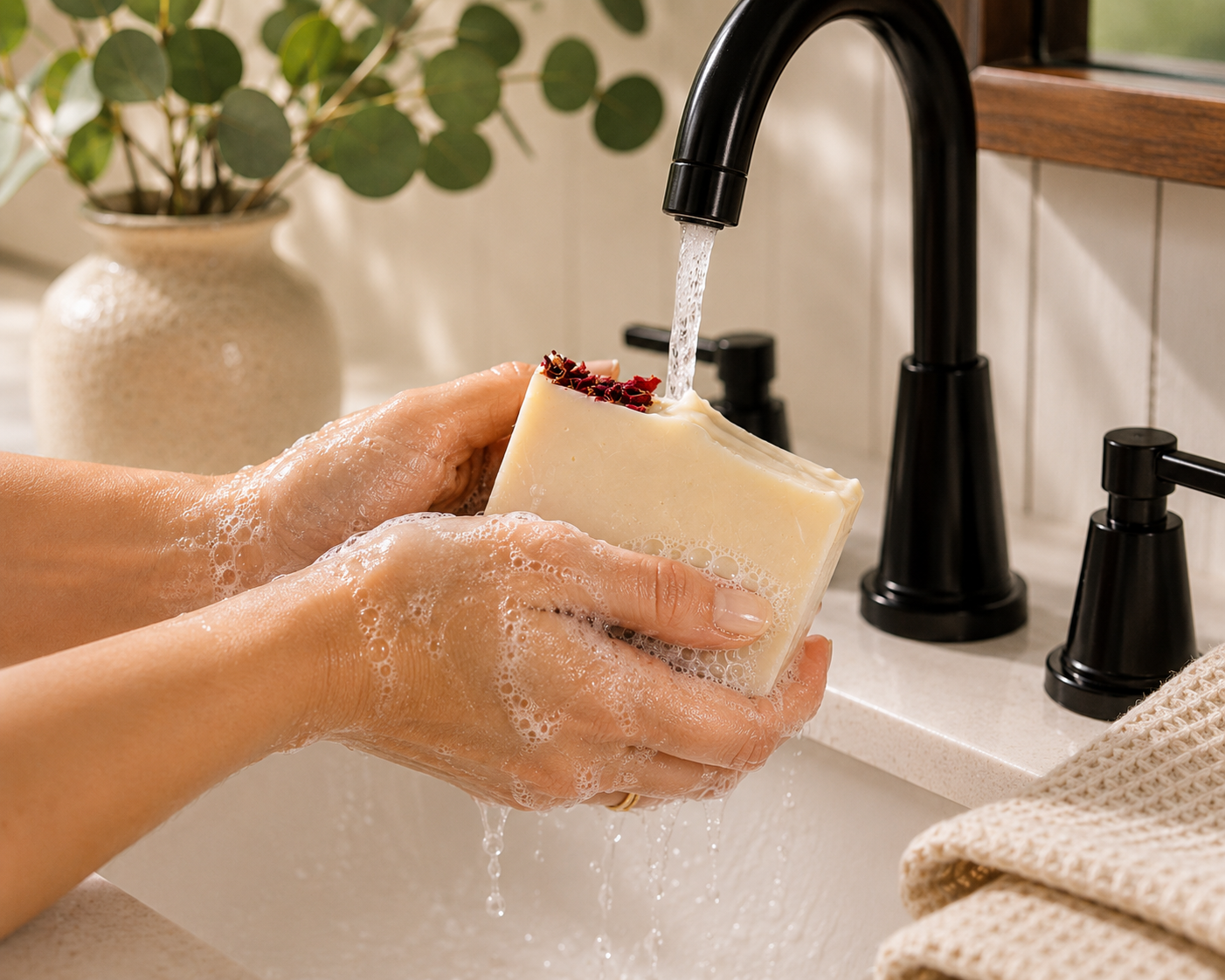 Hands washing with Larkspur Lane Love Letter handcrafted soap creating a rich, creamy lather under running water.