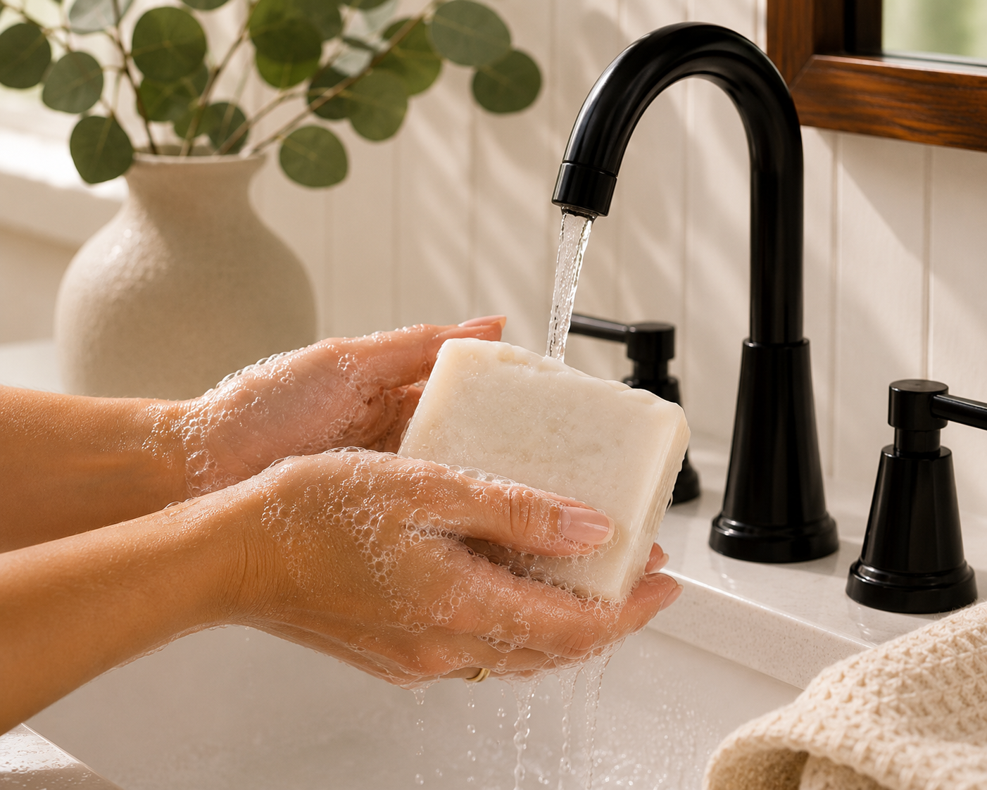 Hands washing with Larkspur Lane Love Spell handcrafted soap creating a rich, creamy lather under running water.